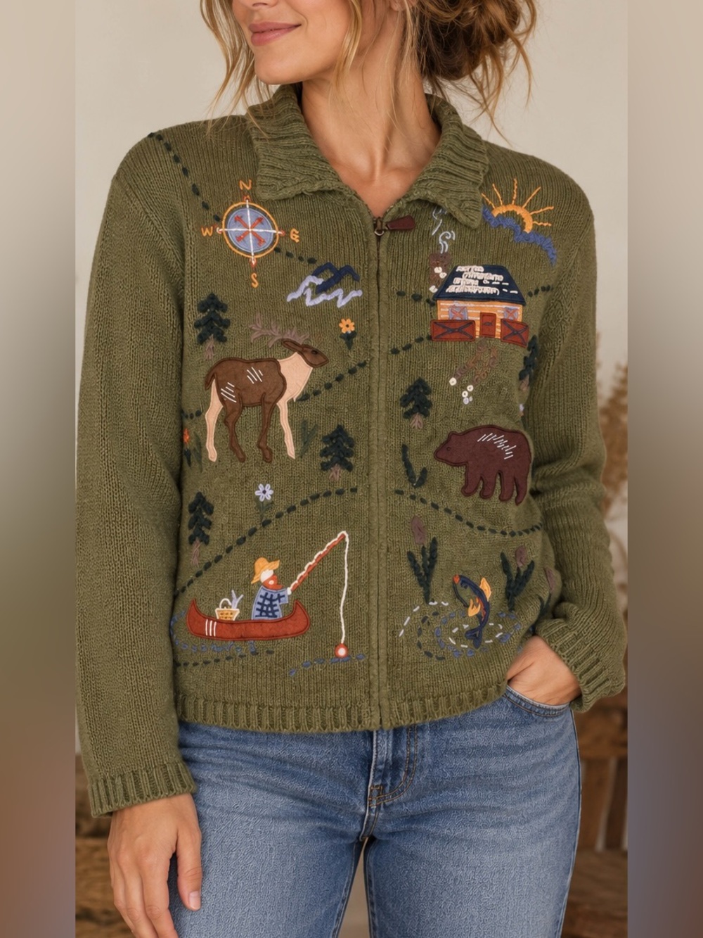 VTG Northern Isles Woodland Cardigan Sweater Medium Olive Green Bear Deer Cabin